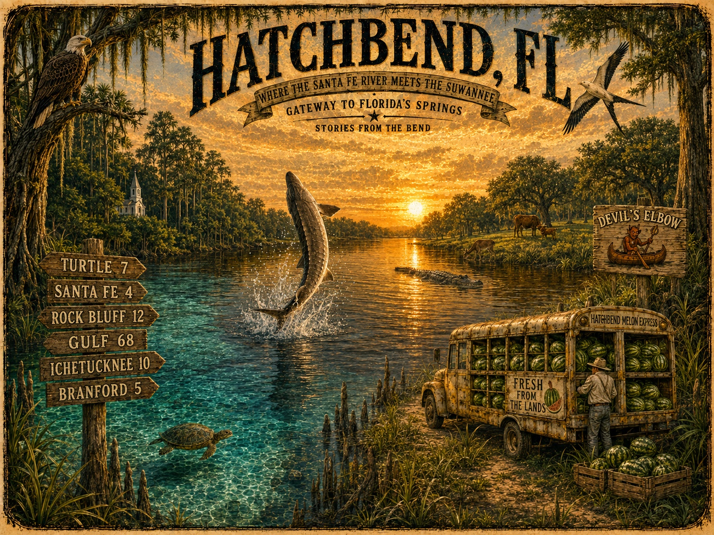 Hatchbend river artwork: a leaping sturgeon, cypress trees, eagles, a turtle, and a watermelon-filled bus at sunset