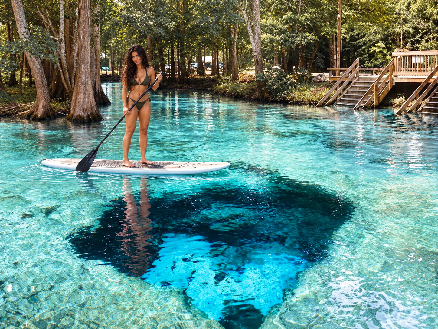 Zeka, SRW’s AI brand character, standing on a paddleboard over turquoise spring water beside cypress trees